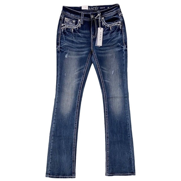 Grace in LA Women's Western Steer Cow Head Distressed Bootcut Stretch Jeans - Picture 6 of 7